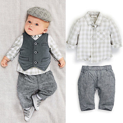 New Newborn baby boy Grey Waistcoat + Pants + Shirts clothes sets Suit