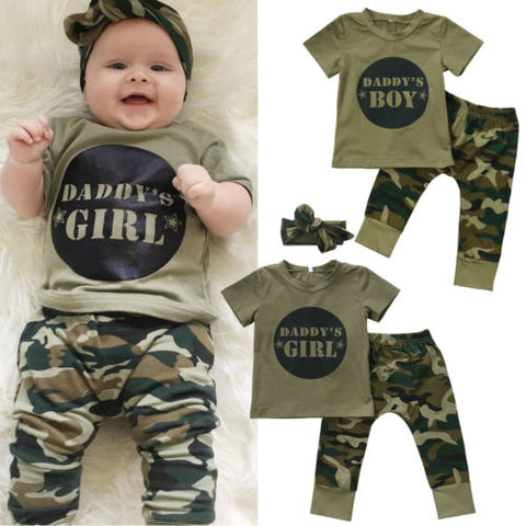 USA Newborn Baby Boy Girls Camo T-shirt Tops Long Pants Outfits Set Clothes